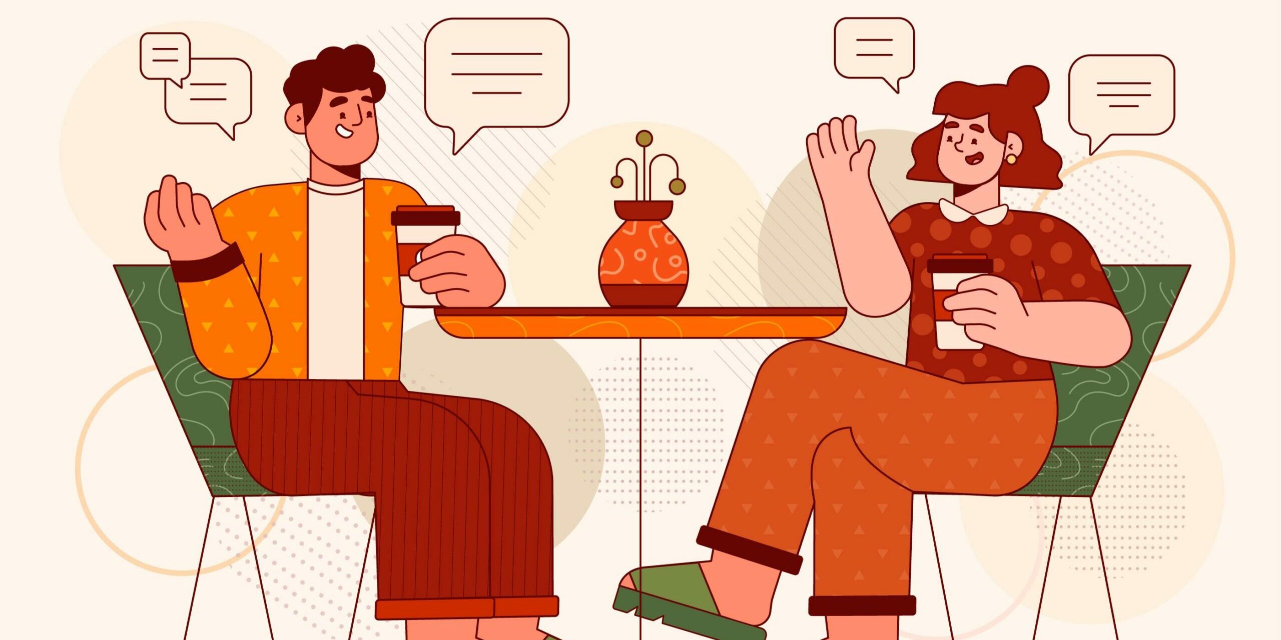 Grafik zwei Menschen plaudern am Tisch
