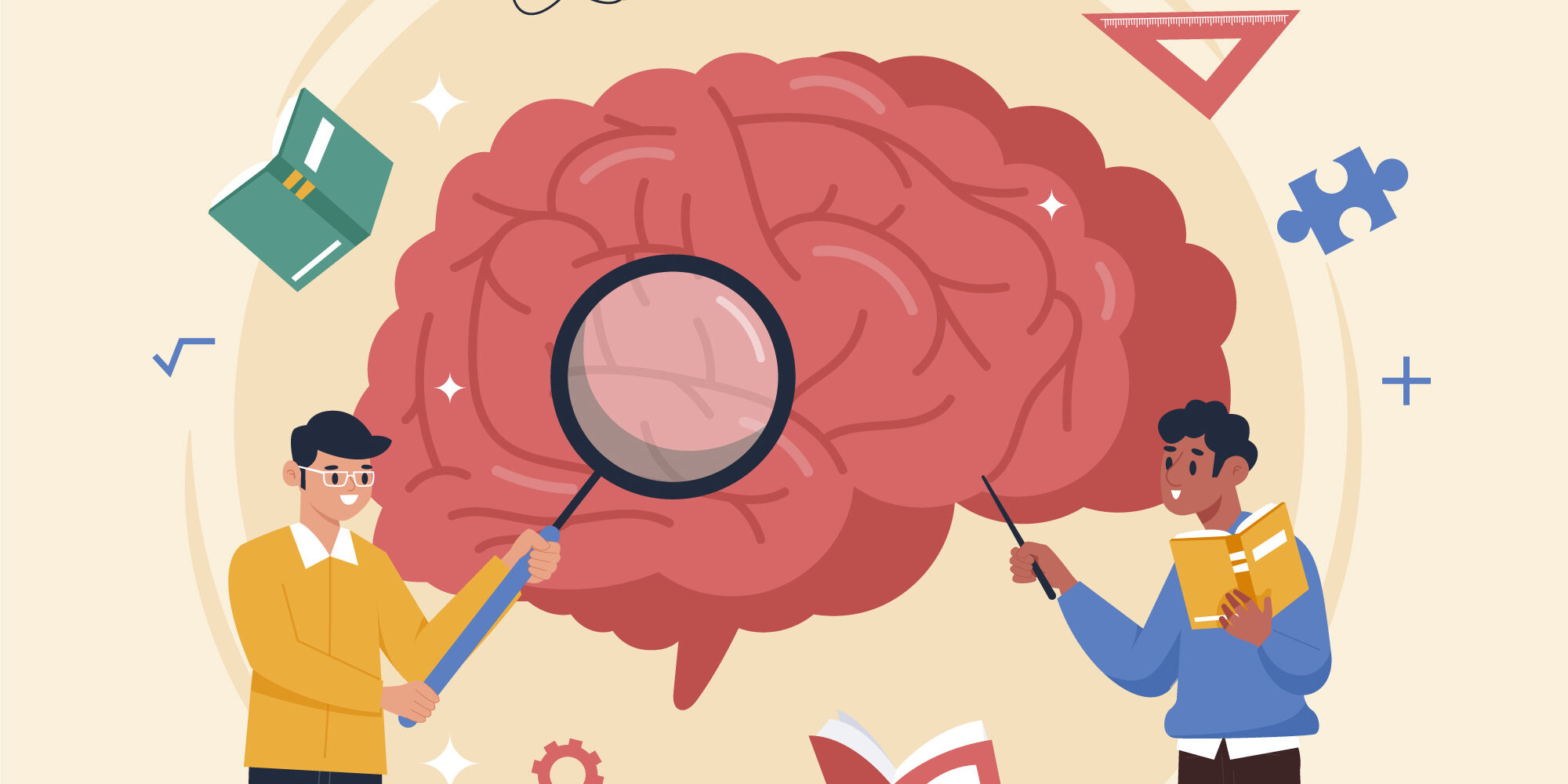 Zwei Personen analysieren Gehirn als Comic