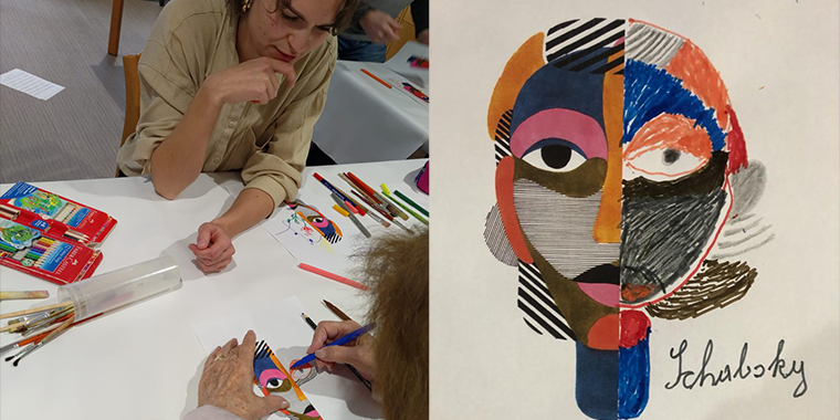 Menschen malen am Tisch ein Kunstwerg