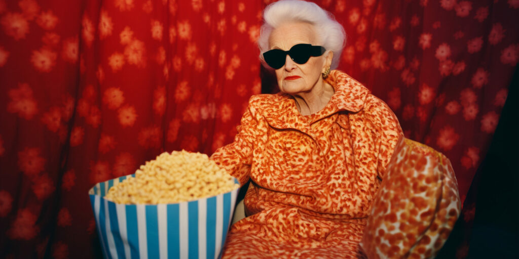Grauhaarige Dame mit Popcorn
